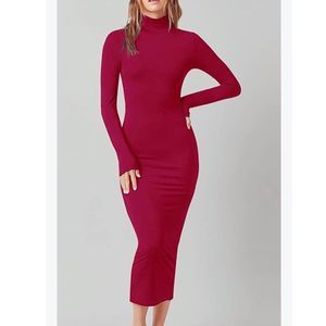 Women's Sexy Turtleneck Long Sleeve Elegant Bodycon Party Long Dress Small red